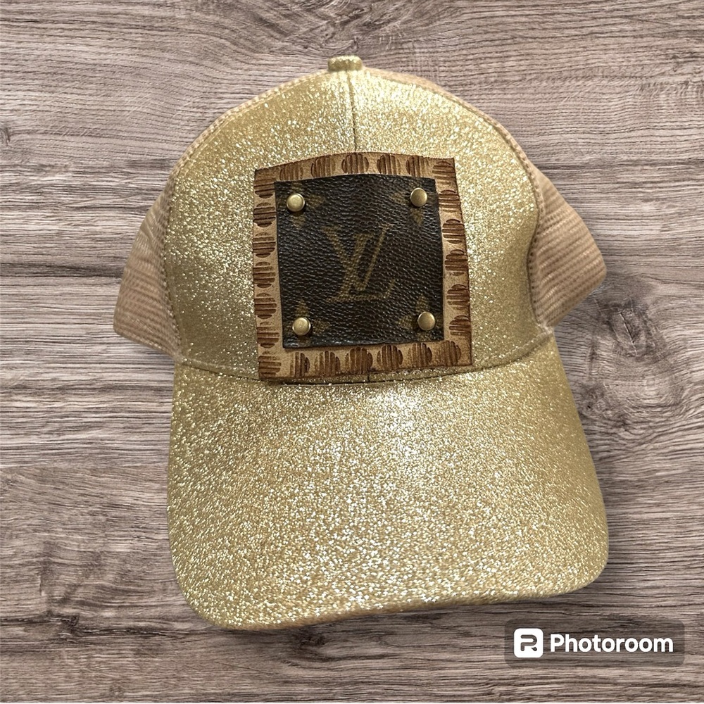 Gold glitter upcycled LV hat
